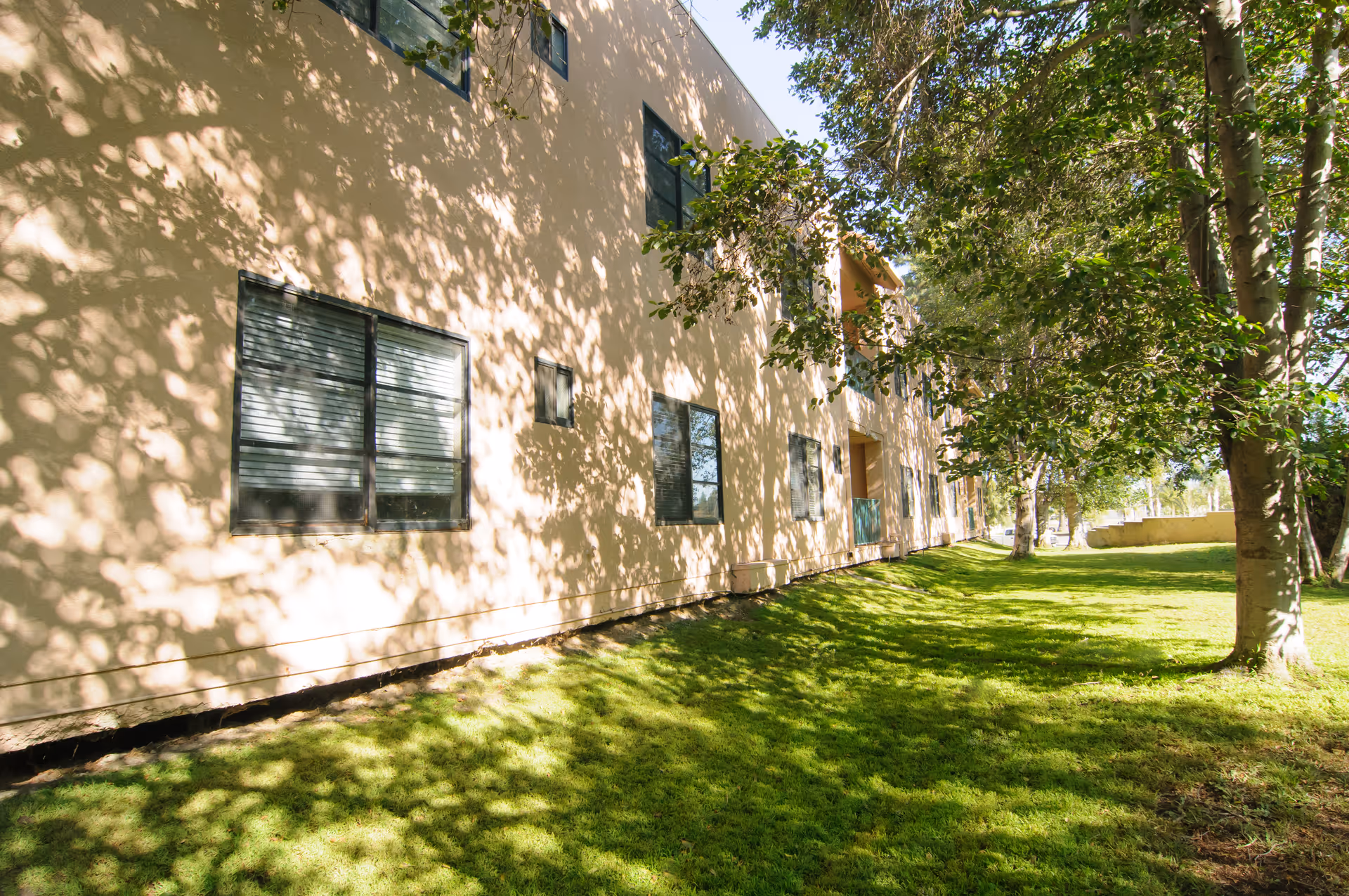 Side view of a beige multi-story building with several windows, surrounded by green grass and trees casting shadows on the building and ground.