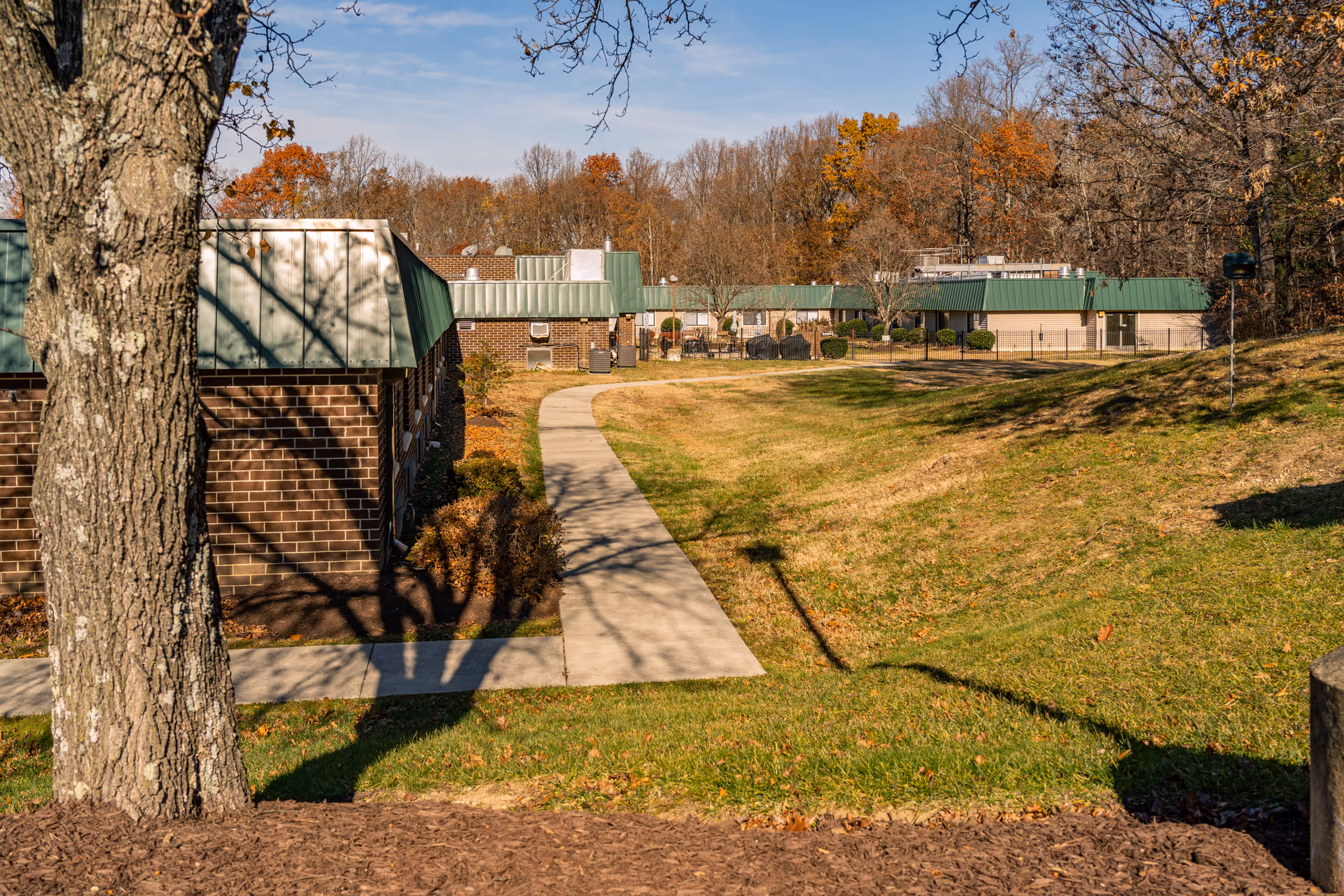 Concrete path through a grassy courtyard leading to single-story brick buildings with green metal roofs and trees in autumn.