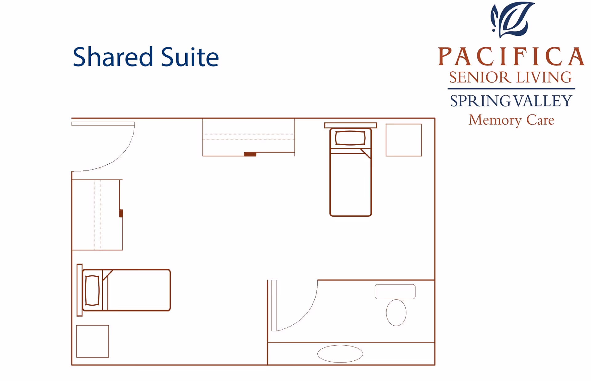 Floor plan layout of a shared suite at Pacifica Senior Living Spring Valley Memory Care, showing two beds, two nightstands, a shared bathroom with a toilet and sink, and closets.