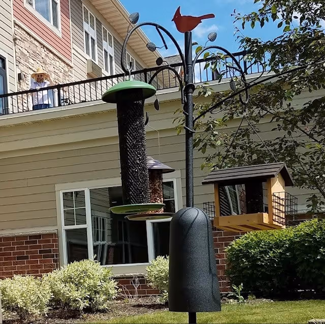 Outdoor scene at Bel Rae Senior Living showing a bird feeder station with multiple feeders and a red bird decoration on top, surrounded by bushes and greenery. In the background, there is a two-story building with beige and red brick siding, windows, and a balcony with a person wearing a hat standing on it.