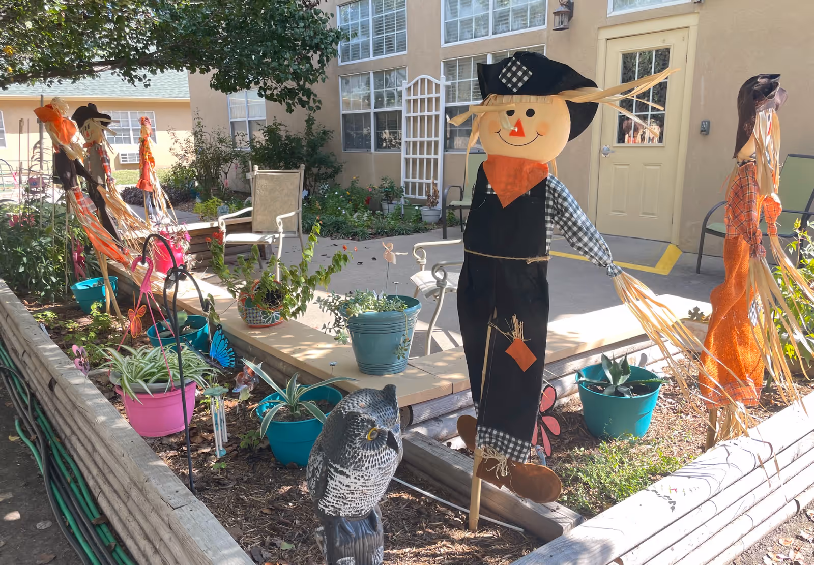 Outdoor garden area at Colonial Lodge Assisted Living decorated with colorful potted plants and several scarecrow figures. There are chairs and a door leading into the building in the background.