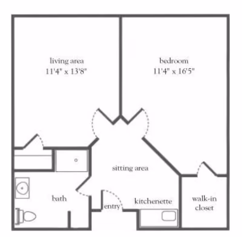 Floor plan of a living space showing a living area measuring 11 feet 4 inches by 13 feet 8 inches, a bedroom measuring 11 feet 4 inches by 16 feet 5 inches, a sitting area, a kitchenette, a walk-in closet, a bathroom, and an entry area.