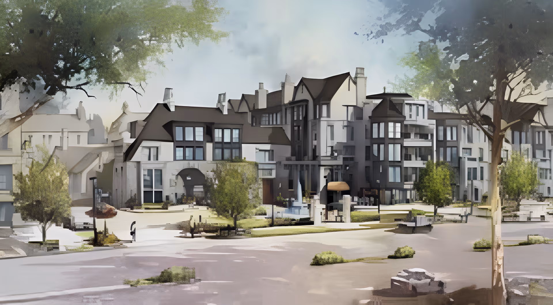 Exterior view of a multi-story residential building with landscaped lawns, trees, and paved walkways.