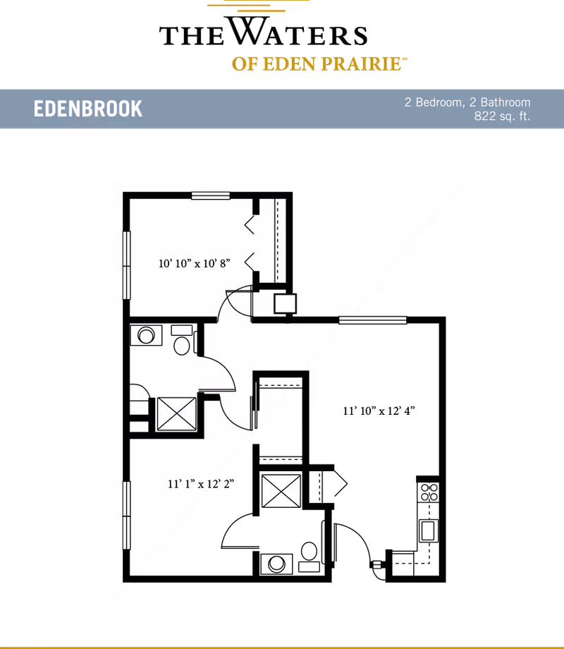 Triangular black-and-white floor plan titled "Edenbrook" for a two-bedroom, two-bathroom 822 sq. ft. apartment.