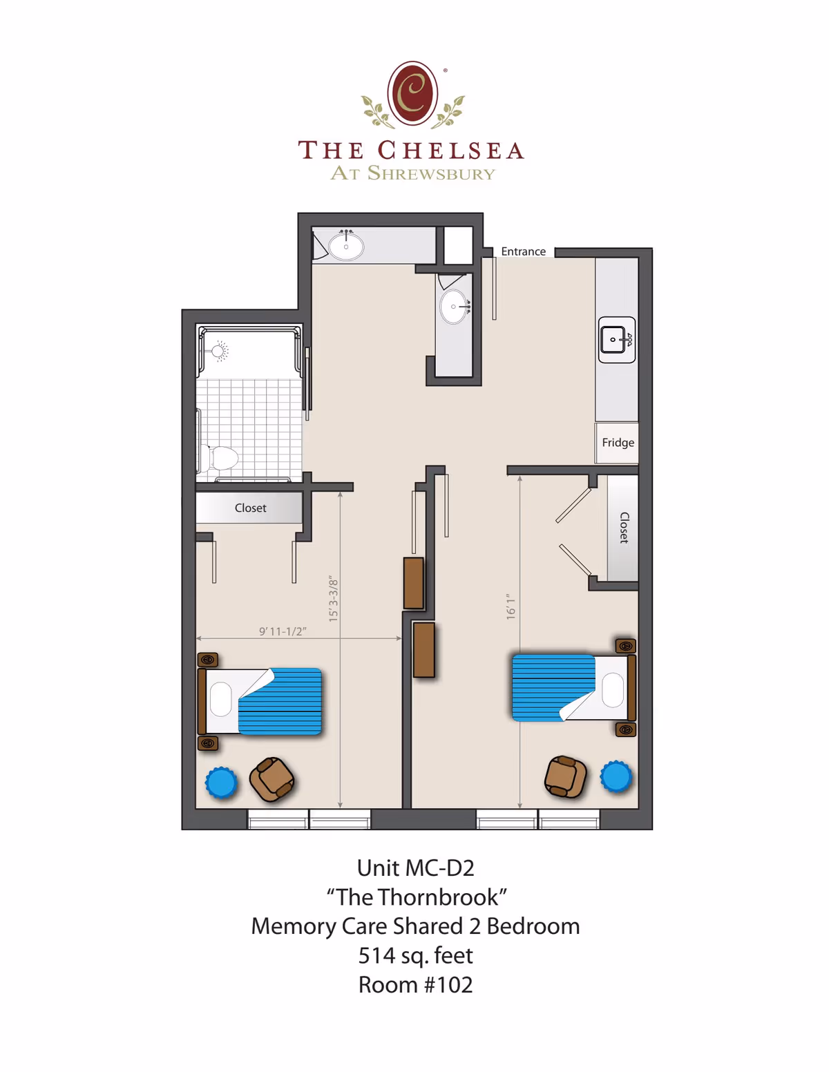 Floor plan of Unit MC-D2 'The Thornbrook' at The Chelsea at Shrewsbury, a memory care shared 2-bedroom apartment with 514 square feet. The layout includes two bedrooms each with a bed, chair, and small table, two closets, a bathroom with a shower and toilet, a small kitchen area with a sink and fridge, and an entrance. Dimensions for rooms and closets are marked.