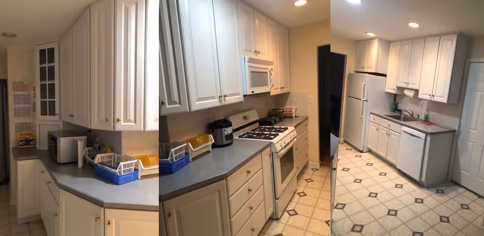 Long galley-style kitchen with white cabinets, a gas stove and microwave, refrigerator, dishwasher, and tiled floor.