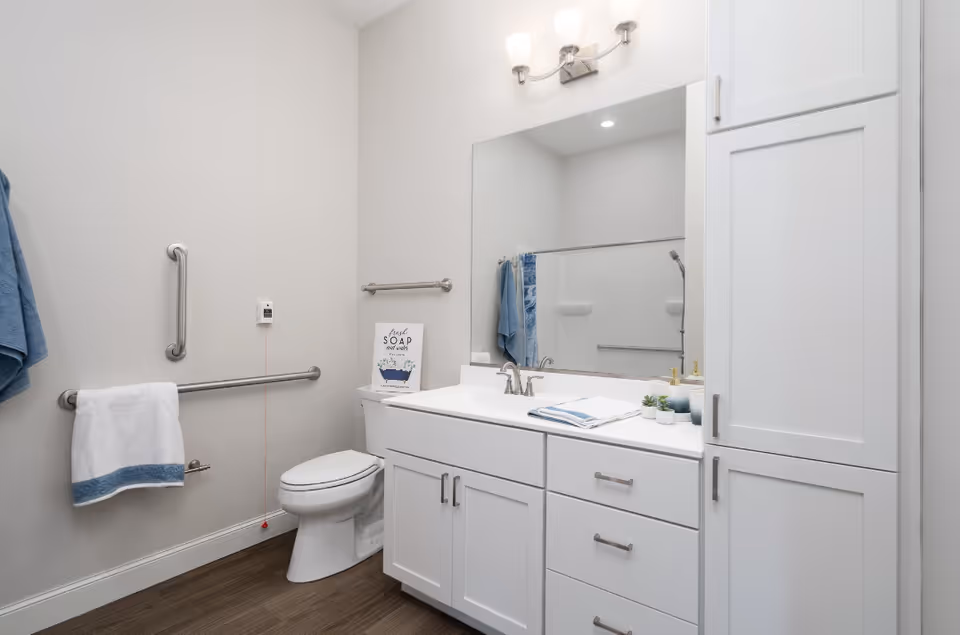 Bright accessible bathroom with a white vanity, large mirror, grab bars, and toilet.