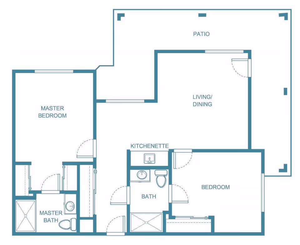 Floor plan of a residential unit at Holiday Quail Run Estates showing a master bedroom with attached master bath, a second bedroom, a bath, a kitchenette, a combined living and dining area, and a patio.