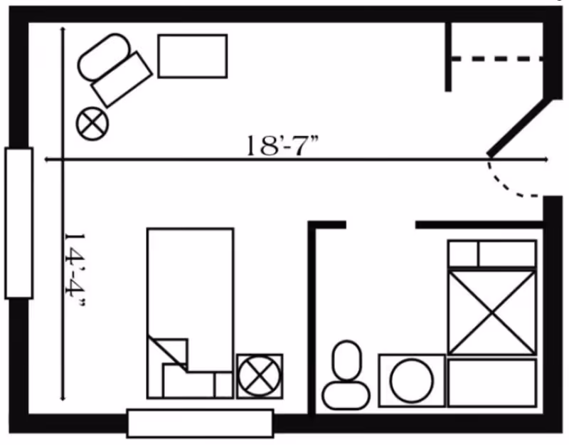 Architectural floor plan of a small living space showing dimensions 18 feet 7 inches by 14 feet 4 inches. The layout includes a bed, a chair with a side table, a closet, and a bathroom with a toilet and sink.