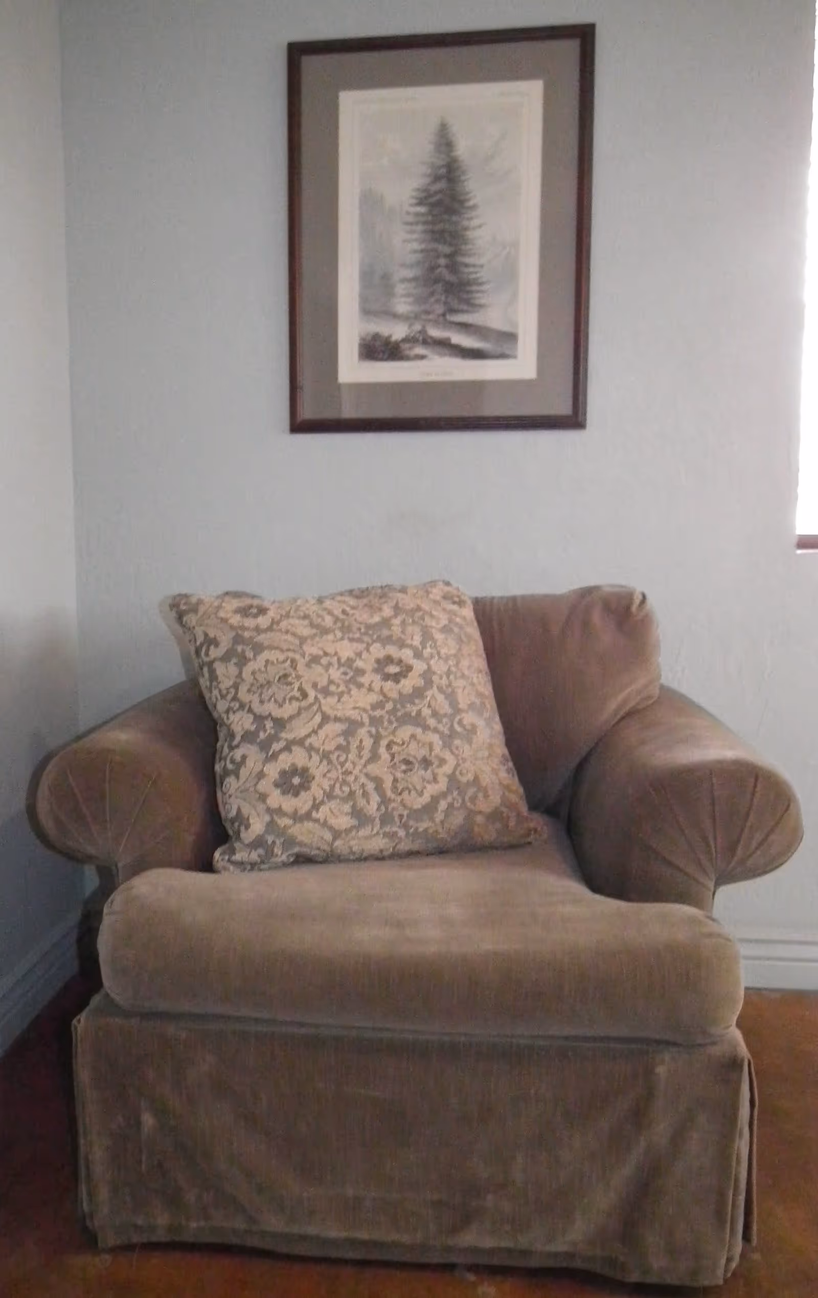 A brown upholstered armchair with a large decorative cushion featuring a floral pattern. The chair is positioned against a light gray wall with a framed picture of a tree hanging above it. A window is partially visible on the right side.
