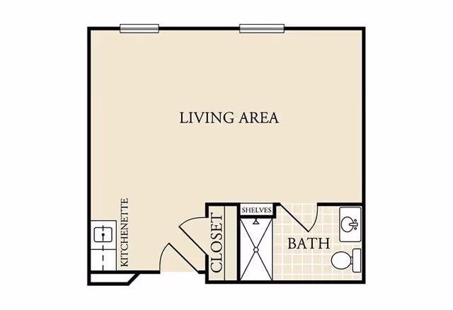Floor plan of a studio apartment at Heritage Place of Boerne showing a large living area with a kitchenette in the corner, a closet with shelves, and a bathroom with a sink, toilet, and shower.