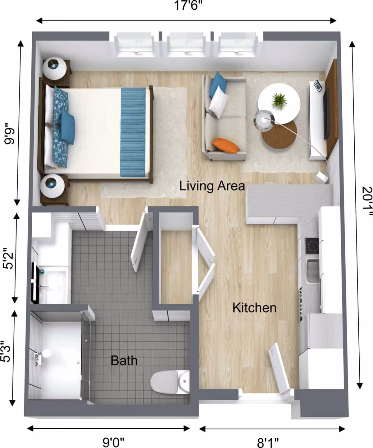 Floor plan of a small apartment unit showing a bedroom with a bed and two nightstands, a living area with a sofa, coffee tables, and a TV, a kitchen with cabinets, a sink, and appliances, and a bathroom with a shower, toilet, and sink. Dimensions of each area are labeled.