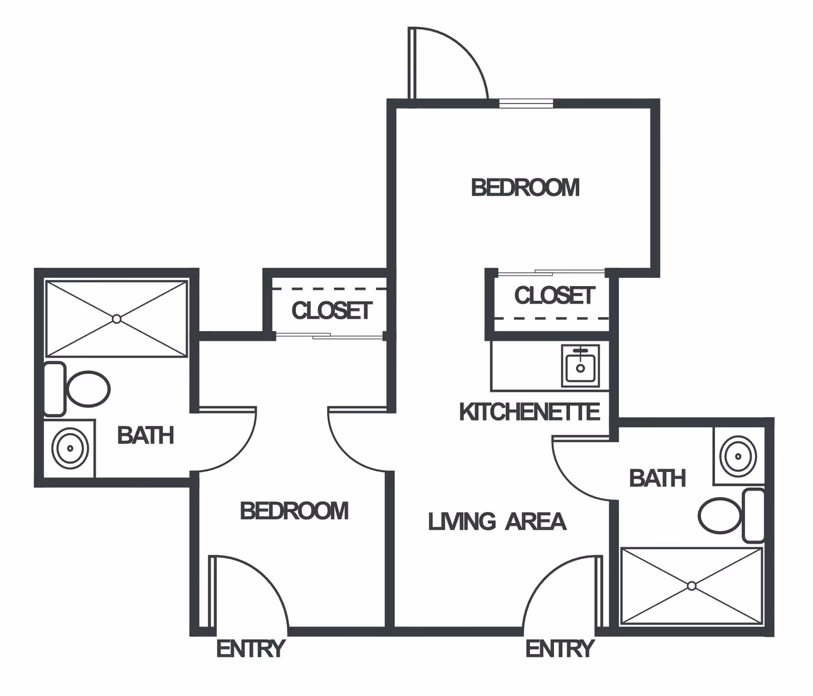 Floor plan layout showing two bedrooms, two bathrooms, a living area, a kitchenette, closets, and two entry points.