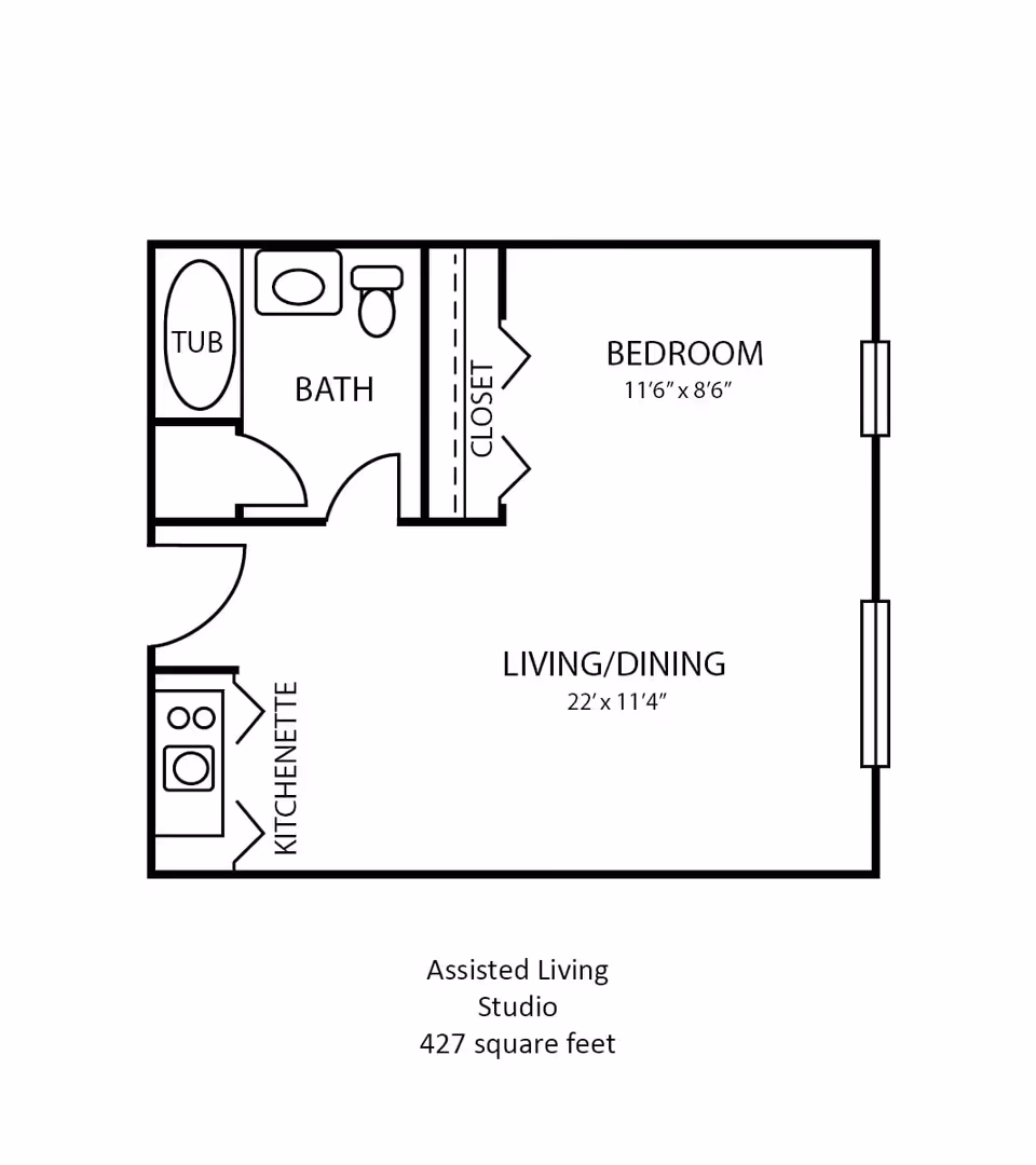 Floor plan of an assisted living studio apartment at The Harrison, showing a bedroom measuring 11 feet 6 inches by 8 feet 6 inches, a living/dining area measuring 22 feet by 11 feet 4 inches, a kitchenette, a bathroom with a tub, sink, and toilet, and a closet.