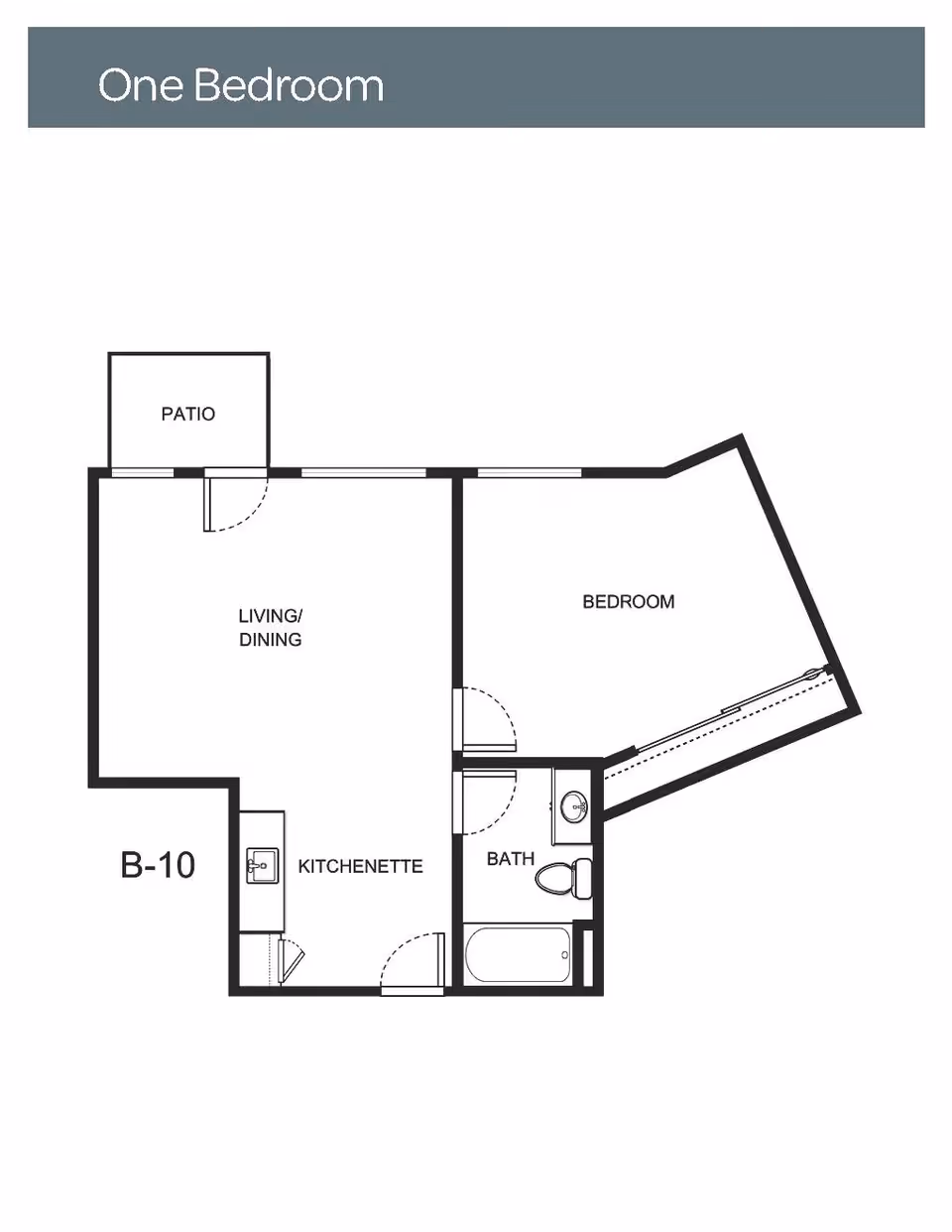 Floor plan of a one-bedroom apartment at Las Brisas Retirement Community, showing a patio, living/dining area, kitchenette, bedroom, and bathroom.