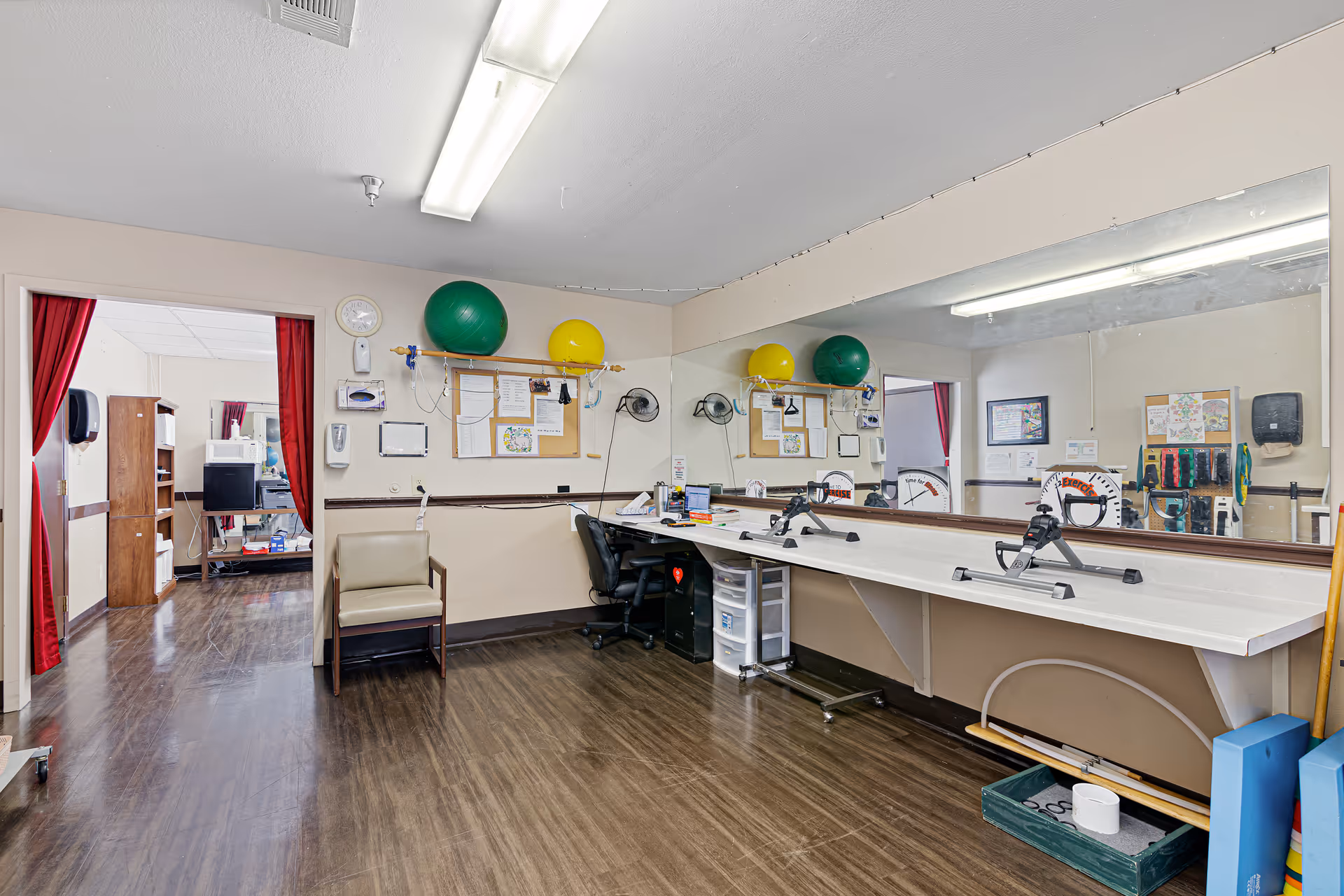 Interior therapy/exercise room with a long counter and mirrors, exercise equipment and therapy balls, chairs, and wood-look flooring.
