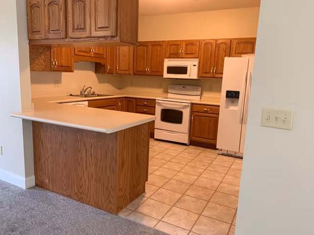 Interior view of a kitchen with wooden cabinets, a white refrigerator, a white stove with an oven, a white microwave above the stove, a double sink, and a countertop with an overhang. The floor is tiled, and the adjacent room has carpeted flooring.