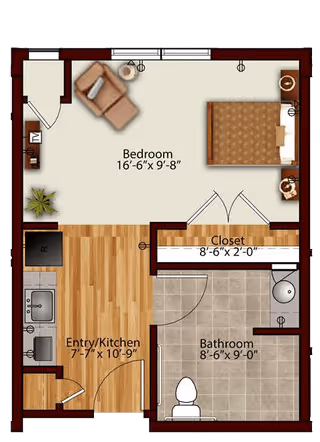 Floor plan of a senior living unit at Harmony at Hershey showing a bedroom with a bed, chair, and nightstands, an entry/kitchen area with a sink and stove, a closet, and a bathroom with a toilet and shower.