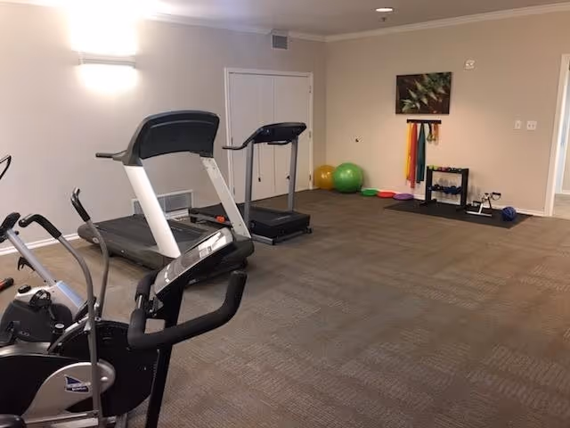 A fitness room with exercise equipment including a stationary bike and two treadmills. The room has beige walls, carpeted floor, and a rack with colorful resistance bands and exercise balls in the corner. A framed picture hangs on the wall above the exercise equipment.