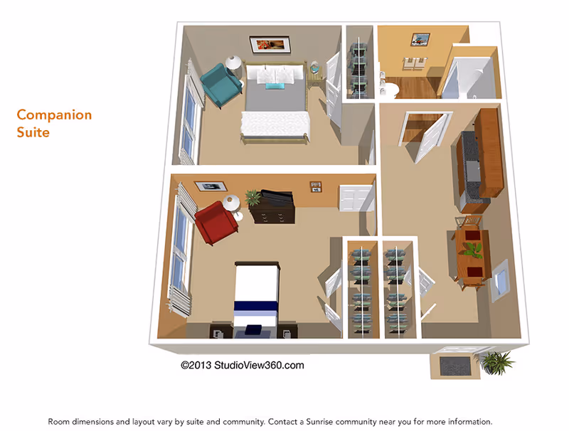3D floor plan of a companion suite at Vineyard Park of Mercer Island showing two bedrooms, a bathroom, and a combined kitchen and dining area. The suite includes two beds, chairs, closets, a bathroom with a shower, and a kitchen with cabinets and a dining table.