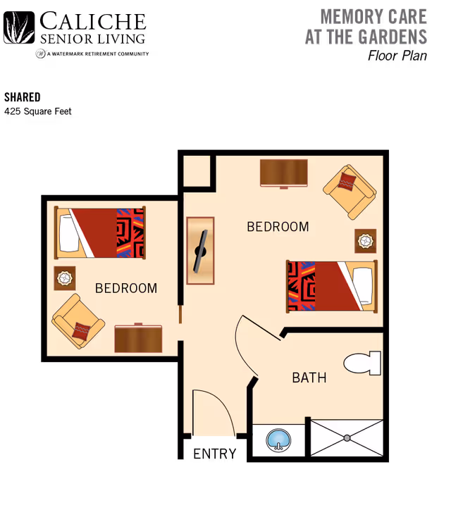 Simplified floor plan graphic of a two-bedroom assisted living unit with furniture and a labeled bath.