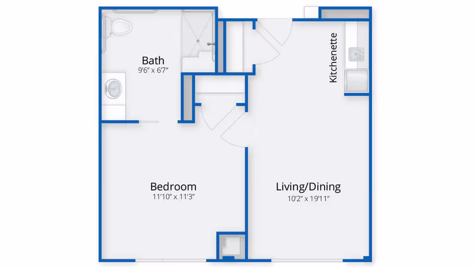 Floor plan of a senior living unit at Benchmark Senior Living on Clapboardtree showing a bedroom, bath, kitchenette, and combined living/dining area with dimensions.
