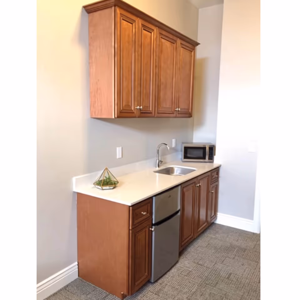 Small kitchenette with wooden upper and lower cabinets, a white countertop with sink, mini refrigerator, microwave and a small decorative plant.