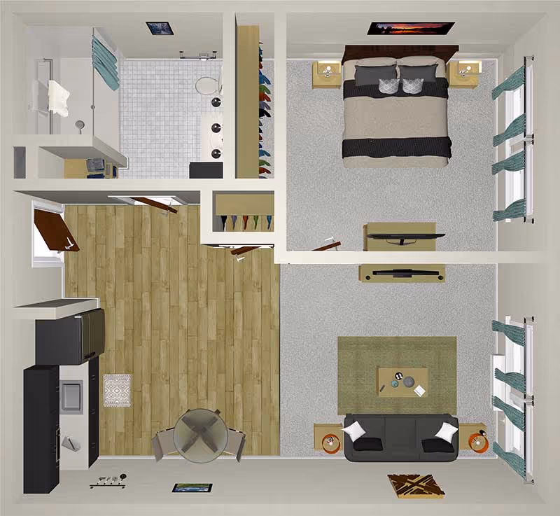 Top-down rendered floor plan of a one-bedroom senior living apartment showing a bedroom, bathroom, kitchen/dining area, and living room.
