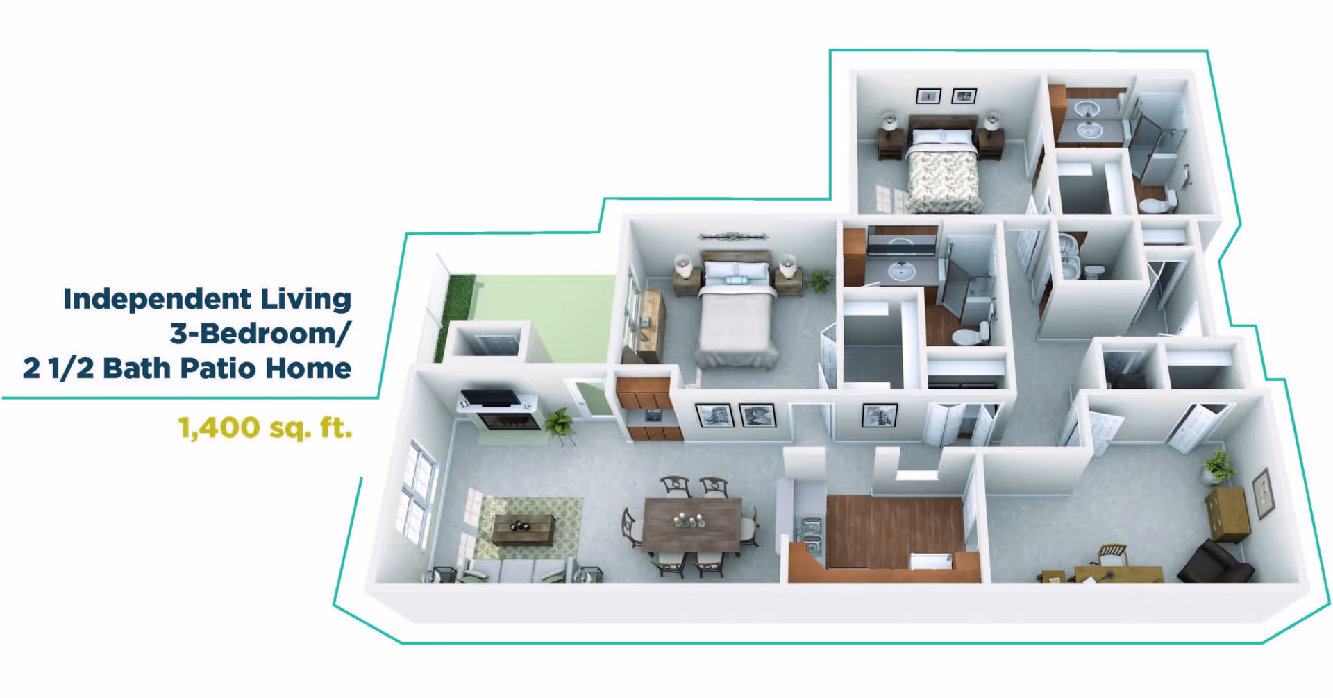 3D floor plan of an independent living 3-bedroom, 2.5-bath patio home with 1,400 sq. ft. showing living room, dining area, kitchen, three bedrooms, and bathrooms.