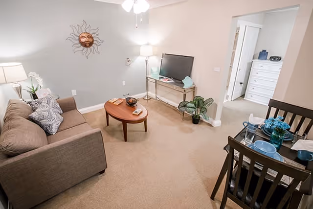 A cozy living room with a brown sofa adorned with patterned pillows, a wooden coffee table with books and a decorative bowl, a TV on a glass stand, a floor lamp, and a decorative sun wall hanging. Adjacent to the living room is a small dining area with a dark wooden table set for two with blue plates and a vase of blue flowers. The room has beige carpeting and light-colored walls.