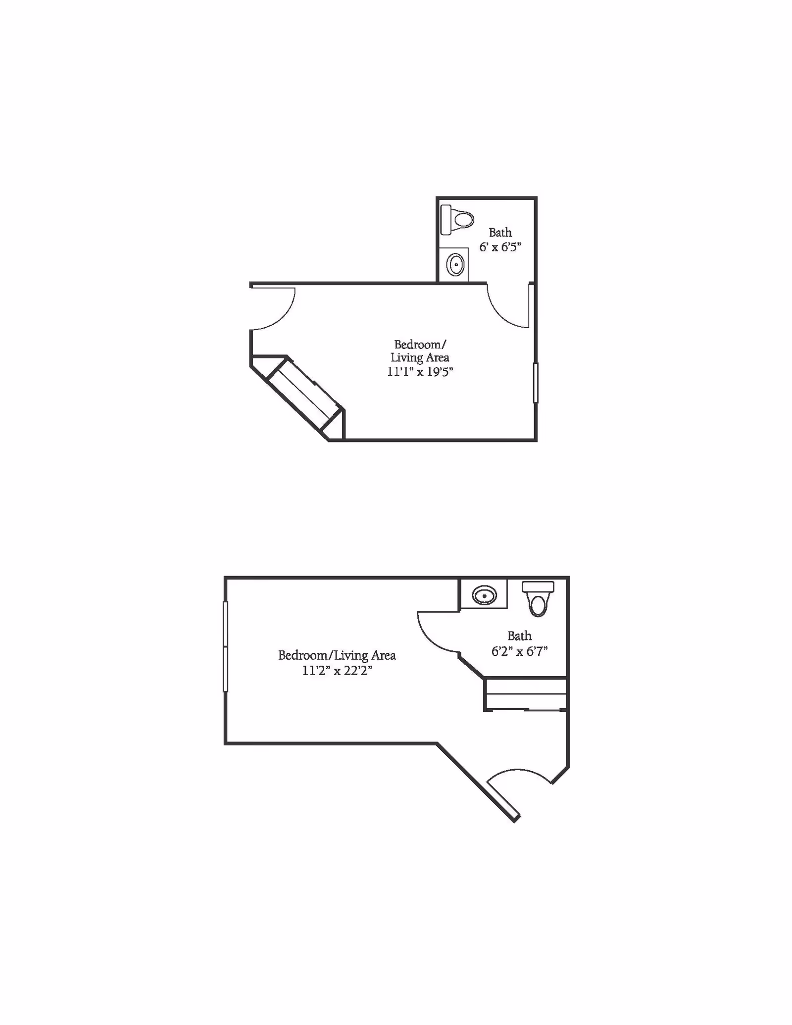 Architectural floor plan showing two studio apartment layouts, each with a combined bedroom and living area and a separate bathroom. Dimensions are provided for each room.