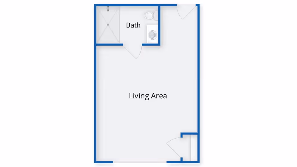 Floor plan of a unit at The Atrium at Rocky Hill showing a living area and a bathroom with a shower, toilet, and sink.