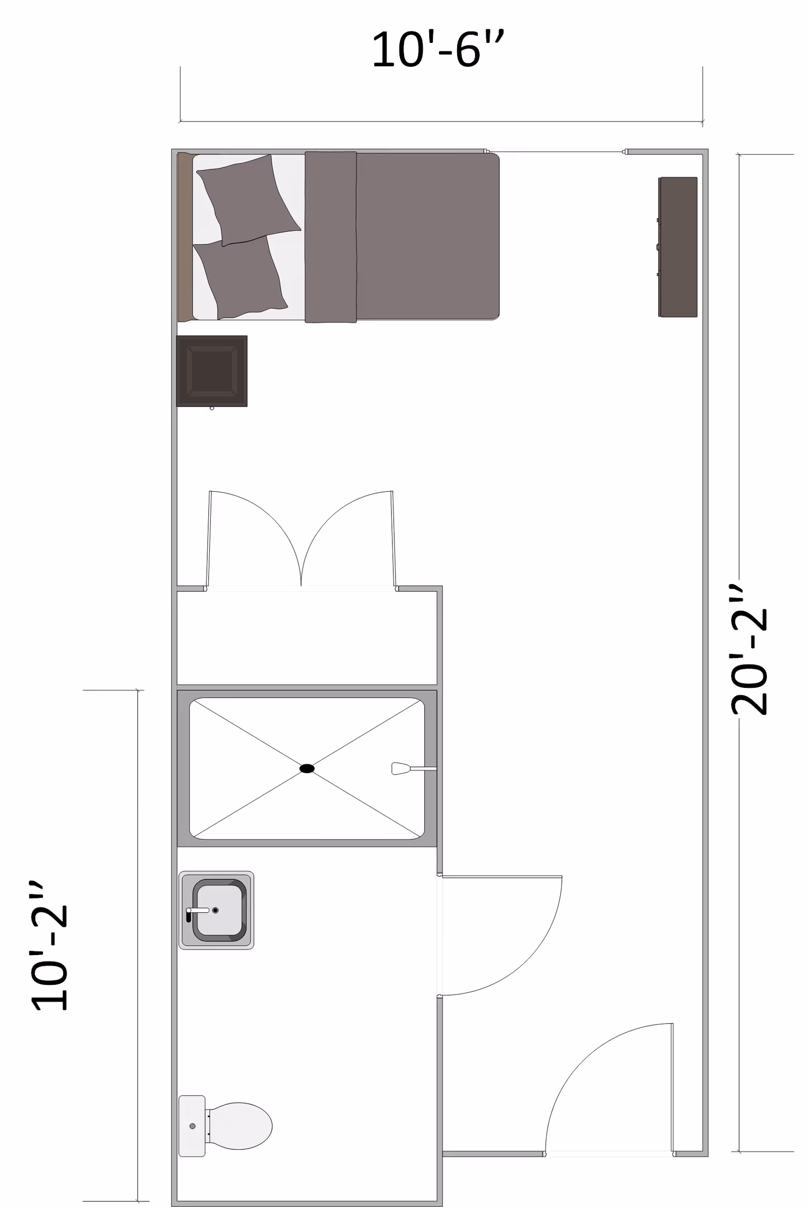 Architectural floor plan of a small living space featuring a bedroom area with a bed and nightstand, and an adjoining bathroom with a toilet, sink, and shower. The dimensions of the room are labeled as 10 feet 6 inches by 20 feet 2 inches.
