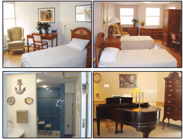 A collage of four images showing different rooms in a senior living facility. Top left and top right images show bedrooms with single beds, wooden furniture, chairs, and framed artwork on the walls. The bottom left image shows a bathroom with blue tiled walls, a shower area, and decorative wall hangings. The bottom right image shows a room with a black grand piano, a tall wooden dresser, a painting on the wall, and a table lamp.