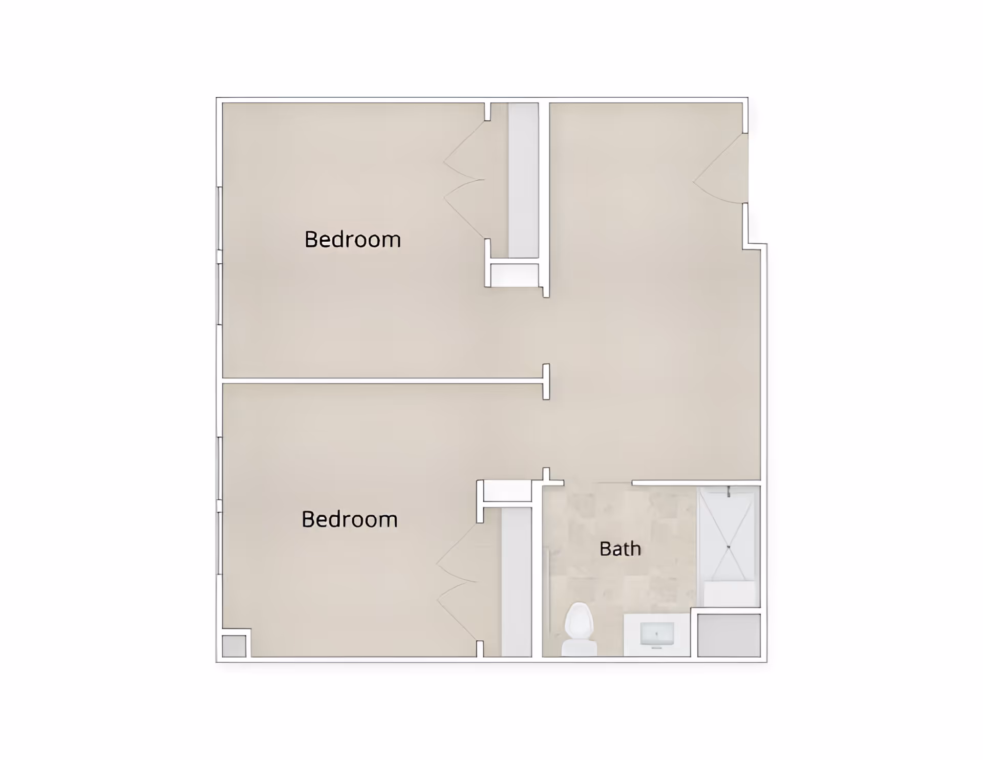 Top-down floor plan of an apartment showing two labeled bedrooms and a bathroom.