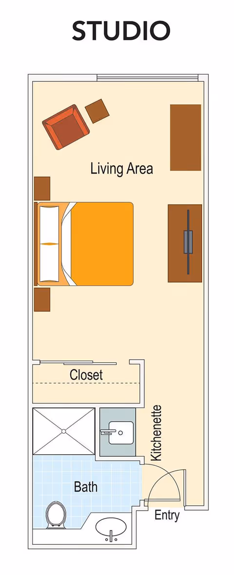 Floor plan of a studio apartment at Volante of Dunedin showing a living area with a bed, chair, and TV, a closet, a kitchenette near the entry, and a bathroom with a toilet, sink, and shower.