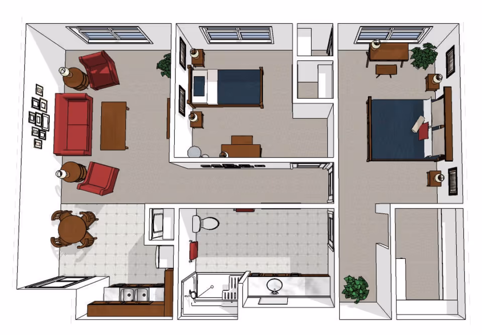 Top-down floor plan of a two-bedroom senior living apartment showing a living room, kitchen/dining area, bathroom, and bedrooms.
