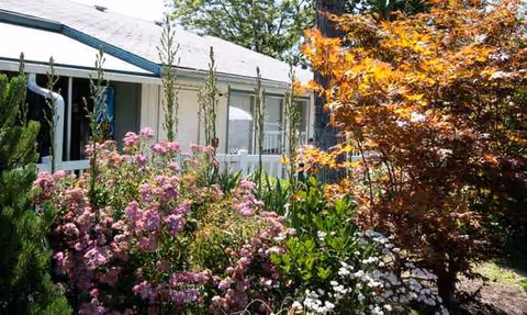 Exterior view of Laurel Hill Nursing Center with blooming shrubs and a garden.