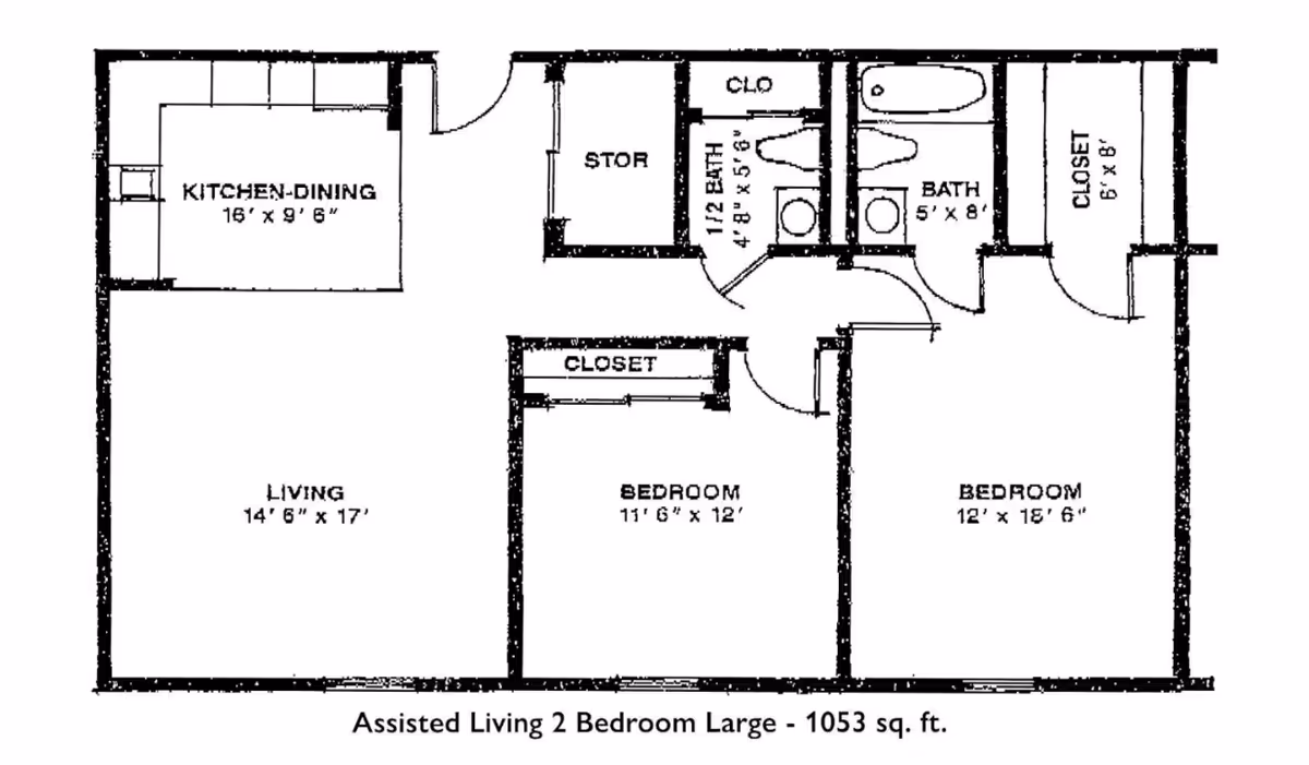 Architectural floor plan of an assisted living 2 bedroom large apartment measuring 1053 square feet, showing rooms including kitchen-dining, living room, two bedrooms, a closet, storage, a half bath, and a full bath with dimensions.