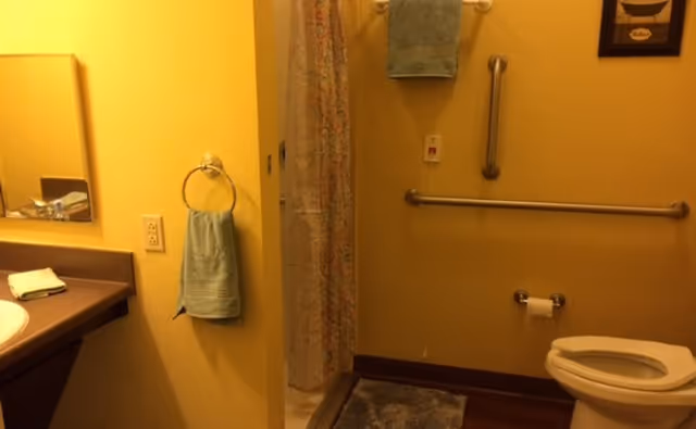 Bathroom with a toilet, wall grab bars, shower curtain, sink and mirror, and hanging towels.