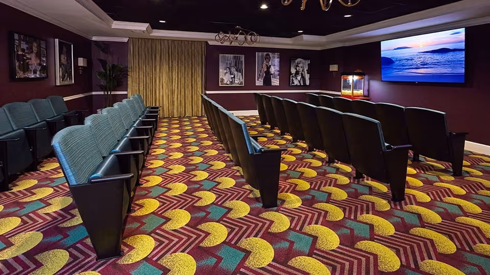 A small theater-style screening room with rows of upholstered seats facing a wall-mounted TV, patterned carpet, and framed pictures on dark purple walls.