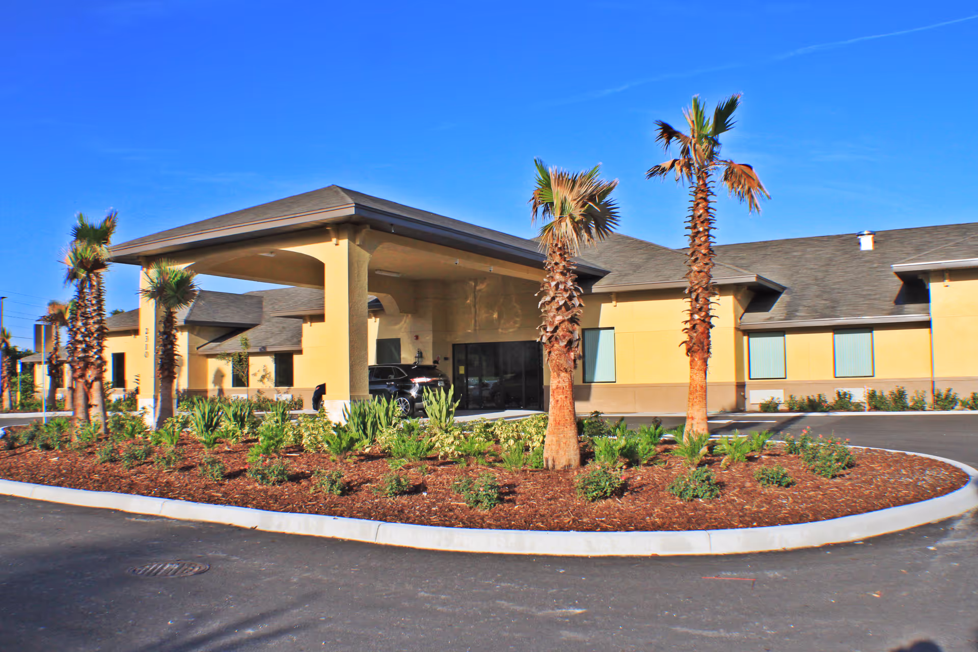 Exterior view of a single-story senior living facility building with a covered entrance, palm trees, and landscaped garden beds under a clear blue sky.