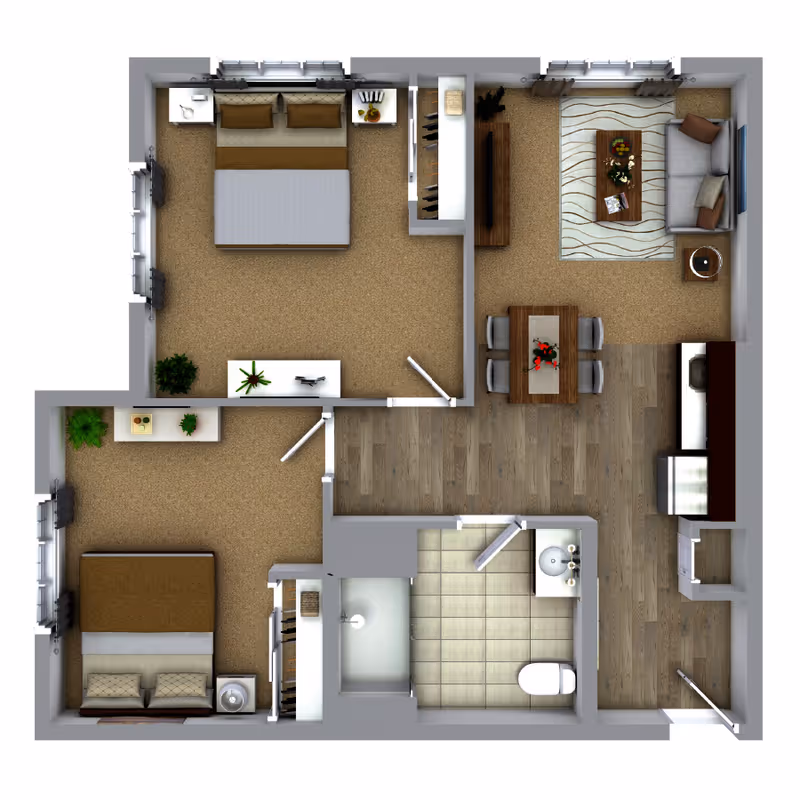 3D top-down floor plan of a two-bedroom apartment showing a living room, dining area, kitchen, and bathroom.