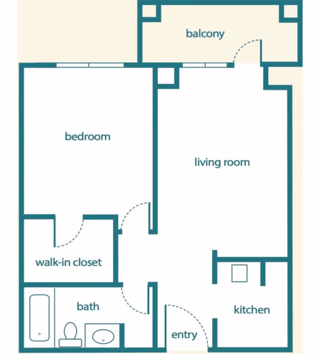 Floor plan of a senior living apartment showing a bedroom with a walk-in closet, a bathroom, a living room, a kitchen, an entry area, and a balcony.