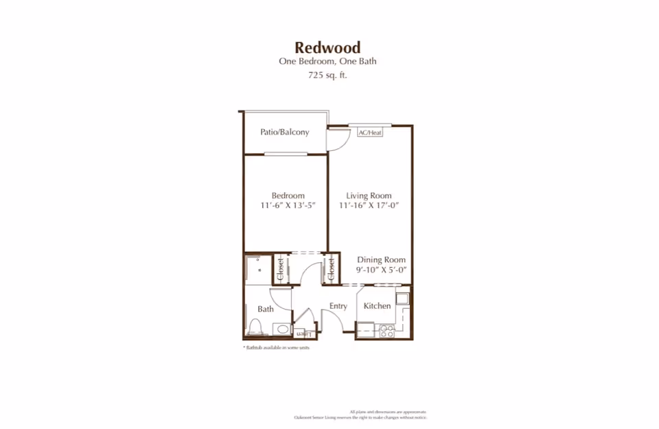 Floor plan of Redwood apartment with one bedroom and one bath, totaling 725 square feet. The layout includes a bedroom measuring 11 feet 6 inches by 13 feet 5 inches, a living room measuring 11 feet 16 inches by 17 feet, a dining room measuring 9 feet 10 inches by 5 feet, a kitchen, a bathroom, an entry area, two closets, and a patio/balcony. The plan notes that a bathtub is available in some units and includes an AC/Heat unit in the living room.