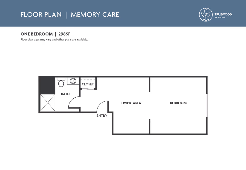 Floor plan drawing for a one-bedroom memory care apartment (298 sq ft) showing entry, living area, bedroom, bath, and closet with Truewood by Merrill logo.