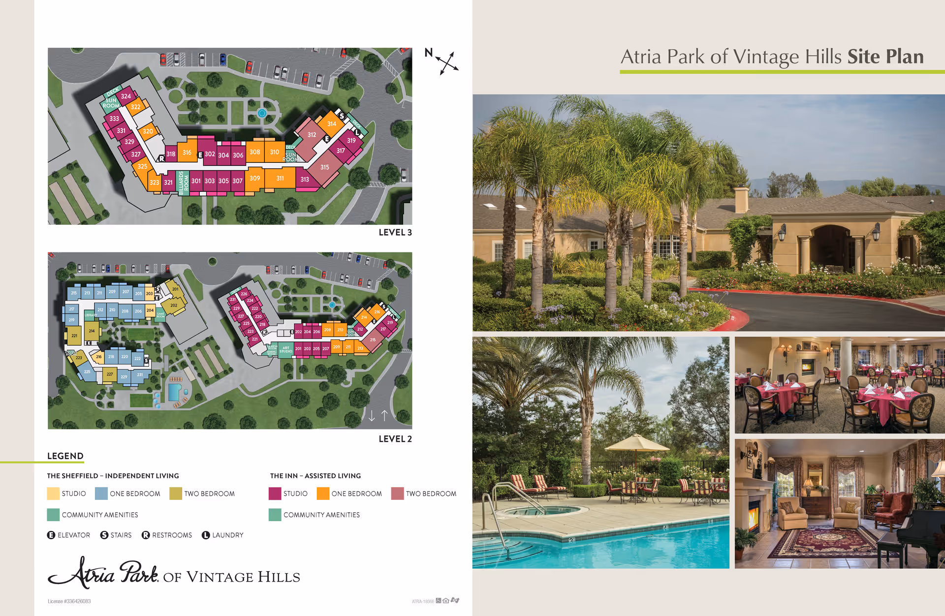 A site plan of Atria Park of Vintage Hills showing two levels with color-coded independent living and assisted living units, community amenities, elevators, stairs, restrooms, and laundry. To the right, there are four photos: the front exterior of the building with palm trees, an outdoor pool area with lounge chairs and umbrellas, a dining room with tables set with pink tablecloths, and a cozy living room with seating and a piano.