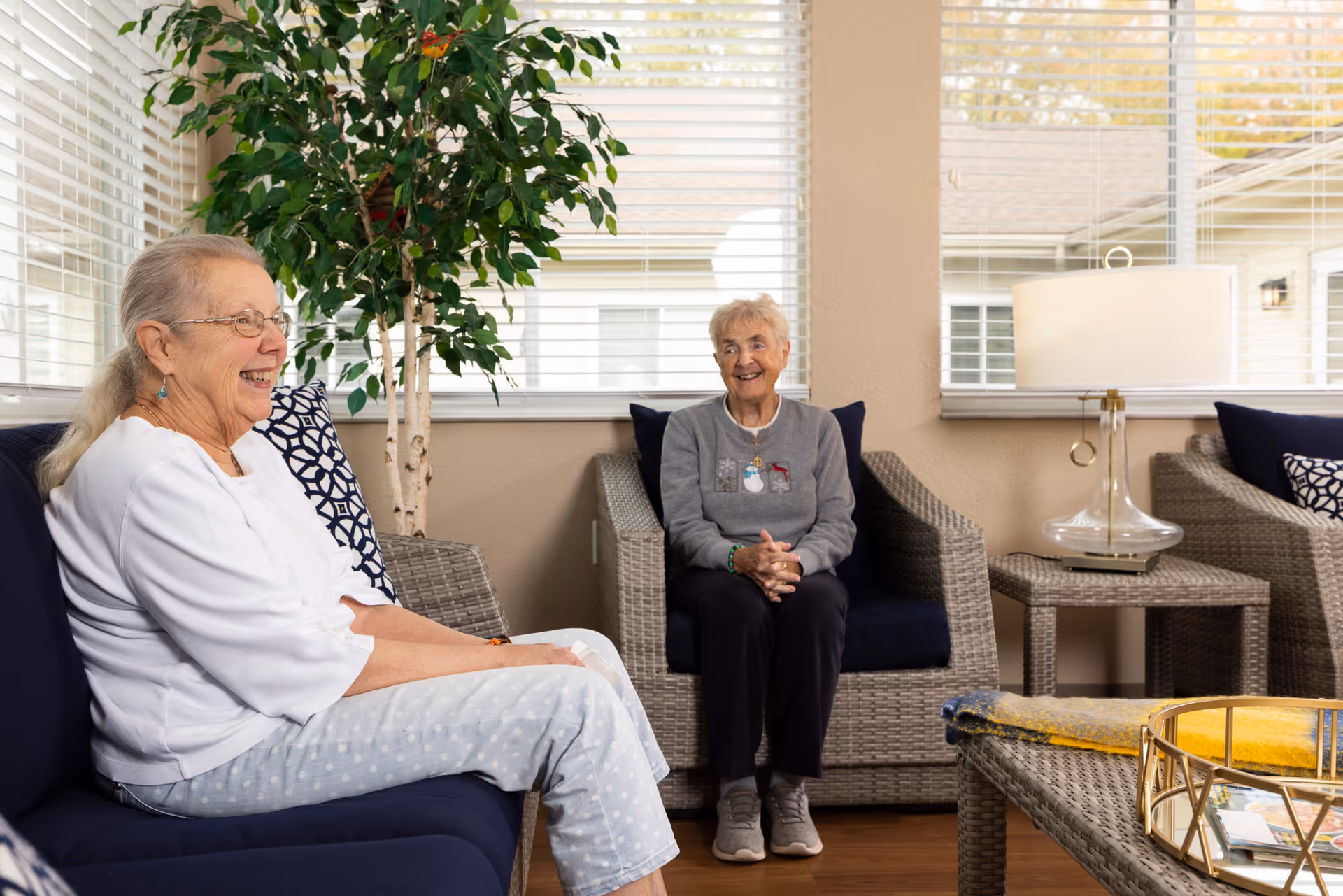 Two elderly women sitting and smiling in a bright, cozy living room with large windows, wicker furniture with navy cushions, a potted plant, and a table lamp on a side table.