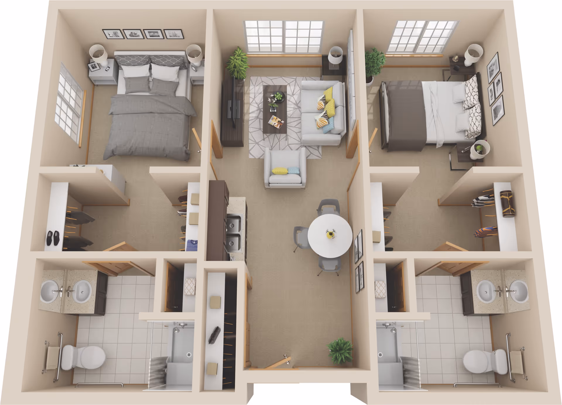 3D rendered floor plan of a two-bedroom apartment with a central living and dining area, kitchen, and two bathrooms.