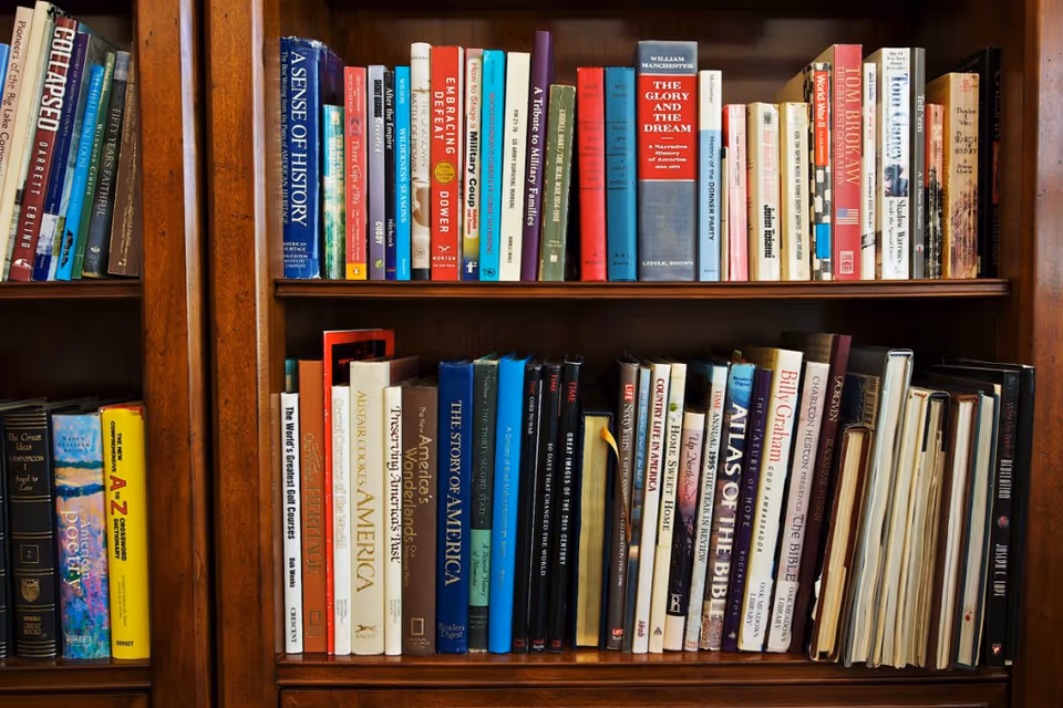 Wooden bookshelf filled with assorted books arranged on two shelves.